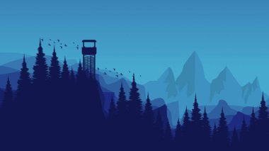 Orman ve kuşlarla dolu bir dağın soyut manzarası