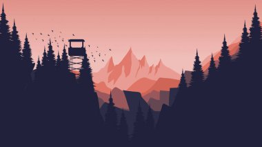 Çam ormanının ortasındaki bir dağın silueti. vektör illüstrasyonu.
