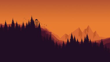 Dağların vektör arkaplanı. Dağlarda güzel bir günbatımının vektör çizimi