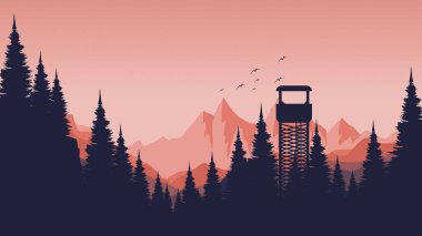 Ağaç silueti vektör düz tasarım illüstrasyon ile dağlarda bahar gündoğumu duvar kağıdı, arkaplan, arkaplan, pankart, baskı ve tasarım şablonu için iyidir