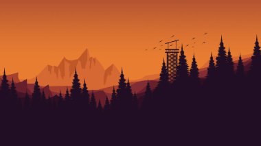 Çam ağacıyla kaplı bir dağ manzarasının silueti