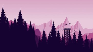 Çam ormanı ve tepeleri olan dağ manzarası, vektör illüstrasyonu