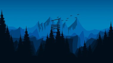 Gece vektör tasarımında ormanlı dağ manzarası
