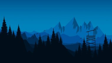 Gün batımında çam ormanlı bir dağın vektör çizimi