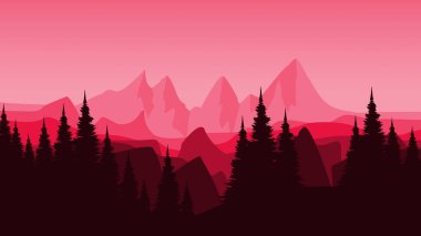 ağaç siluetleri vektörlü dağ manzarası