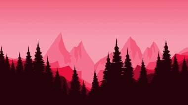 Ağaçların ve kırmızı gökyüzünün vektör çizimi