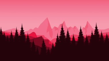 Çam ağacı ve ormanlı kızıl dağ manzarası.