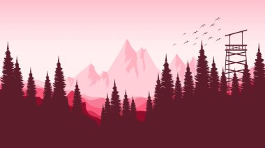 Ormanlı soyut dağ manzarası, vektör illüstrasyonu