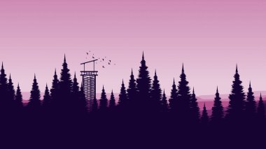 Gece bir şehrin silueti, bir ağaç ve vektör illüstrasyonuyla.