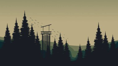 Arka planda dağ ve orman olan siluet manzara