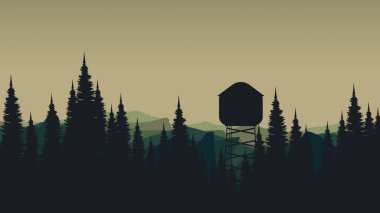 Dağlardaki büyük siyah evin modern vektör çizimi