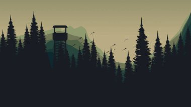 Dağlardaki orman. Bir dağ manzarasının vektör çizimi.