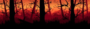 Uğursuz kırmızı günbatımının altında ölü ağaçlarla dolu ürkütücü cadılar bayramı ormanı geçmişi. Vektör korku manzarası çizimi.