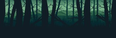 Gizemli gece ormanı. Düz vektör çizimi. Ağaçların ve tepelerin silueti ile ürkütücü oyun arkaplanı.