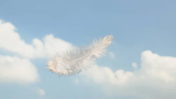 Piękne Miękkie Jasnobiałe Puszyste Pióra Unoszące Się Wniebie Chmurami — Zdjęcie stockowe