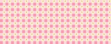 Kusursuz desenli pembe çiçekli gingham. Pembe çiçekli ekose kumaşlar. Masa örtüsü, elbise veya diğer Paskalya tatili tekstil tasarımları için küçük çiçekli kusursuz pastel renkler.
