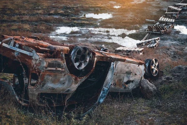 Overturned Shelled Car War Ukraine — Stockfoto