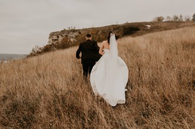 Beyaz elbiseli ve takım elbiseli, sevgi dolu bir çift, nehrin yukarısındaki dağdaki sonbahar tarlasında uzun çimenlerin üzerinde öpüşüyor. Gün batımı. bakota ukraine