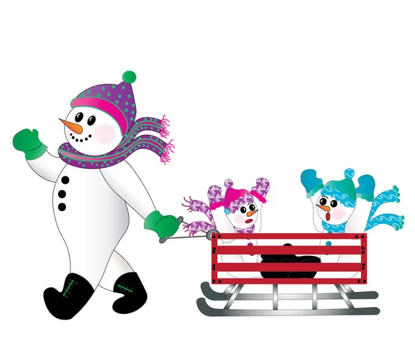 Zábavné Ilustrace Rodiny Sněhu Zimní Sezóně Sněhulák Dáma Tahání Sněhulák — Stock fotografie