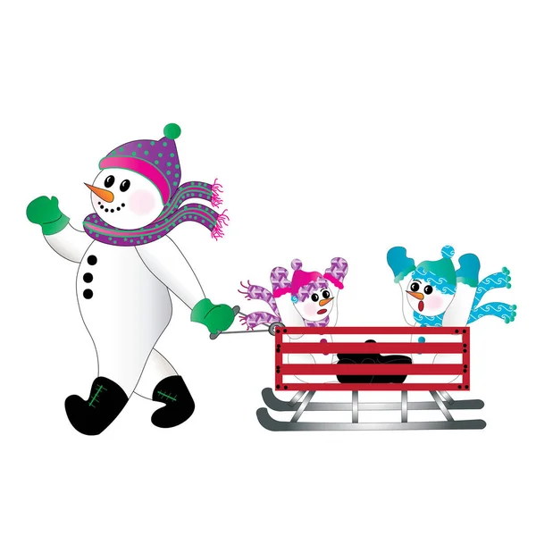 Девушка Снеговик Развлекается Своими Детьми Снеговиками Пока Тянет Красных Санях — стоковое фото