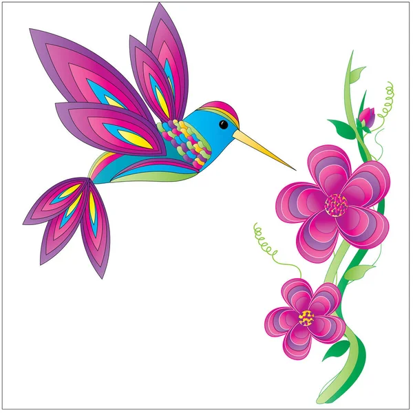 Modern Abstrakt Kolibri Och Blommor Isolerad Vit Bakgrund Fågeln Redo — Stockfoto