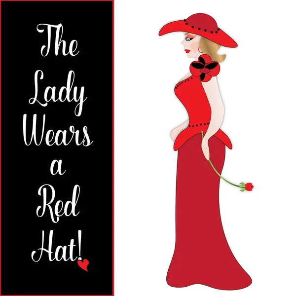 A black strip to the left of the image with text, The Lady Wears a Red Dress, with a lady in a red dress and hat to the right.
