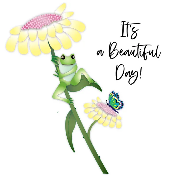 Graphic Illustration Happy Frog Resting Leaf Daisy Flower Bright Butterfly — Stock Photo, Image