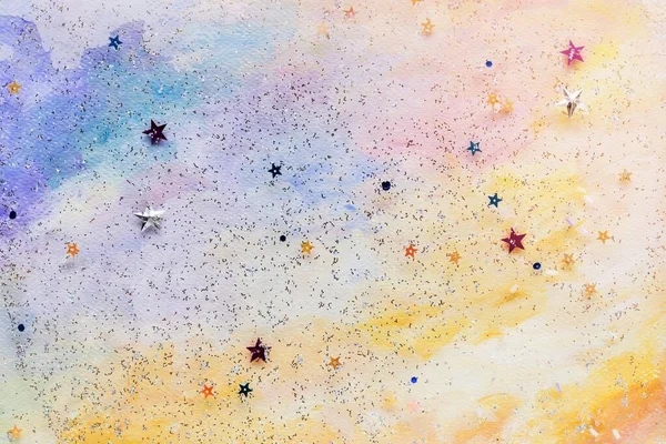 Glitzerndes Sternkonfetti Auf Farbenfrohem Abstrakt Pastellfarbenem Hintergrund — Stockfoto