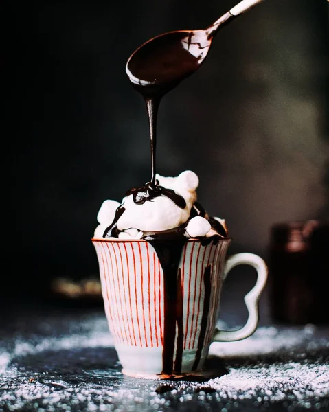 Hot chocolate with marshmallow and chocolate sauce.