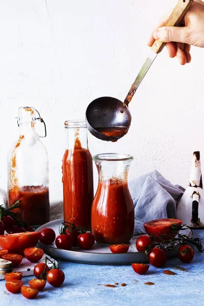 Zelfgemaakte Gazpacho Tomaat Soep Voedsel Fotografie — Stockfoto