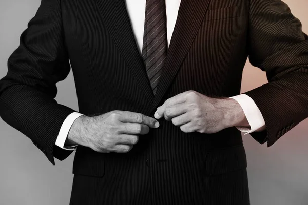 Businessman Buttoning His Suit Black White — Stock Photo, Image
