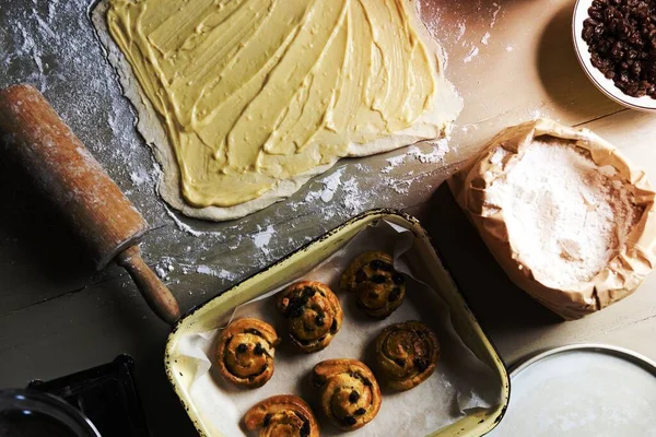Pâtisserie Danoise Maison Avec Des Raisins Secs Recette Photographie Alimentaire — Photo