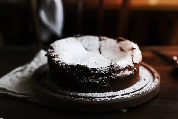 Κέικ Σοκολάτας Άχνη Ζάχαρη Ιδέα Συνταγή Φωτογραφία — Φωτογραφία Αρχείου