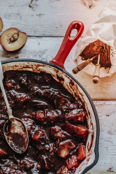 Plums Compote Mixed Cocoa Powder — Stock Photo, Image