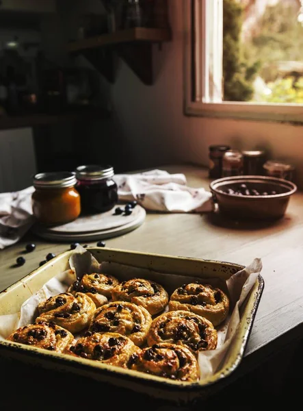 Zelfgemaakte Deens Gebak Met Rozijnen Voedsel Fotografie Recept — Stockfoto