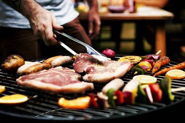 Closeup Steak Barbecues Cooking Grilling Charcoals — Stock Photo, Image