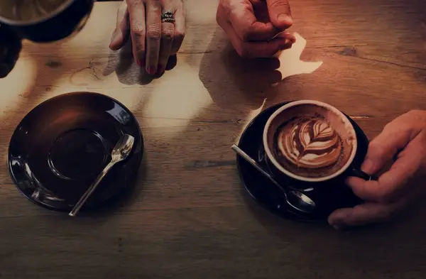 stock image Coffee foam froth art on wooden table