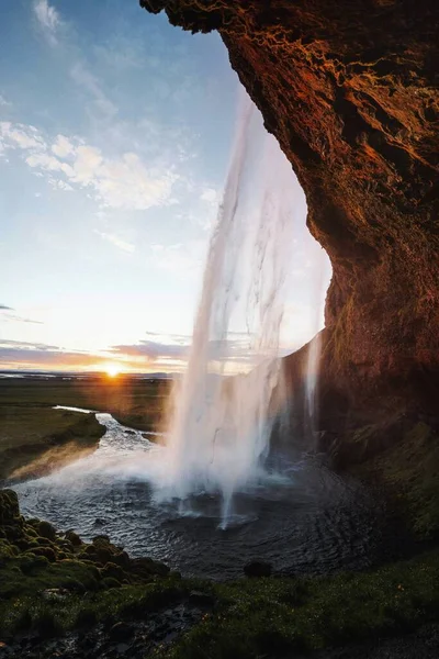 Back View Seljalandsfoss Waterfall Iceland — Stock Photo, Image