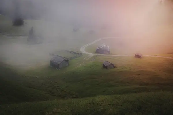在雾中看到绿色的草地 — 图库照片