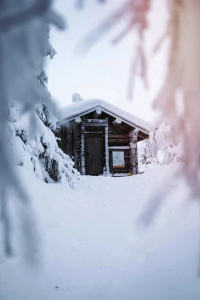 Cabana Madeira Uma Floresta Nevada Finlândia — Fotografia de Stock