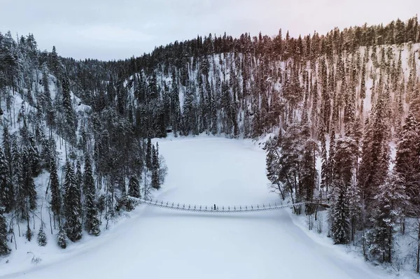 Γυναίκα Διασχίζουν Μια Κρεμαστή Γέφυρα Ένα Χιονισμένο Oulanka Εθνικό Πάρκο — Φωτογραφία Αρχείου