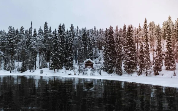 Заснеженная Хижина Реке Национальном Парке Оуланка Финляндия — стоковое фото