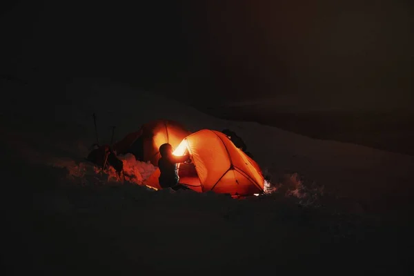 Overnight Camp Site Snowy Mountain — Stock Photo, Image