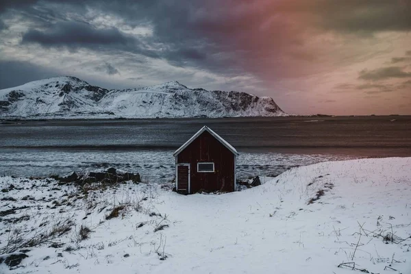 雪の海岸にある赤いキャビン — ストック写真
