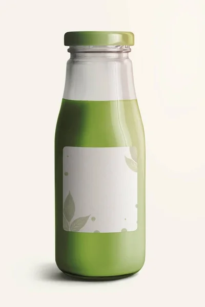 将鲜牛奶绿茶放入装有标签的玻璃瓶中 — 图库照片