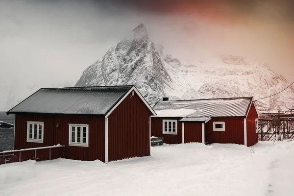 Cabanas Vermelhas Uma Ilha Nevada Sakrisoy Noruega — Fotografia de Stock
