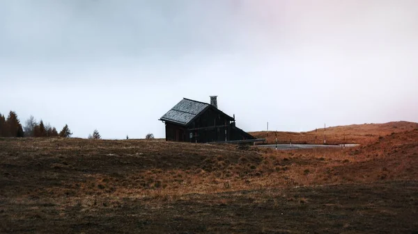 霧深い丘の上のカーブの道による小屋 — ストック写真