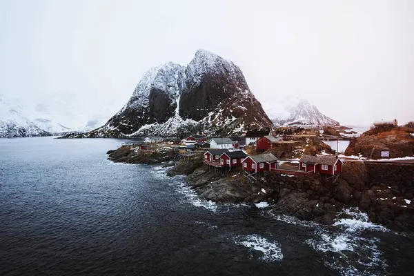 Cabine Pesca Rosse Hamnoy Norvegia — Foto Stock