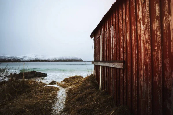 Cabana Vermelha Enferrujada Ilha Lofoten Noruega — Fotografia de Stock