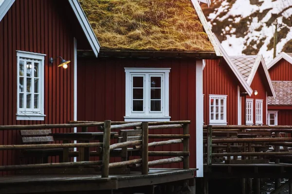 Röda Semesterstugor Reine Norge — Stockfoto